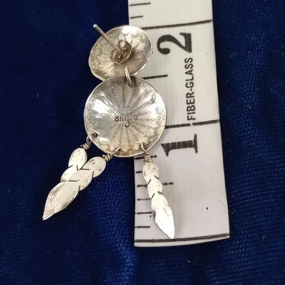 Sterling Silver and Turquoise / Feathers Dangle Earrings Native American - Picture 4 of 12